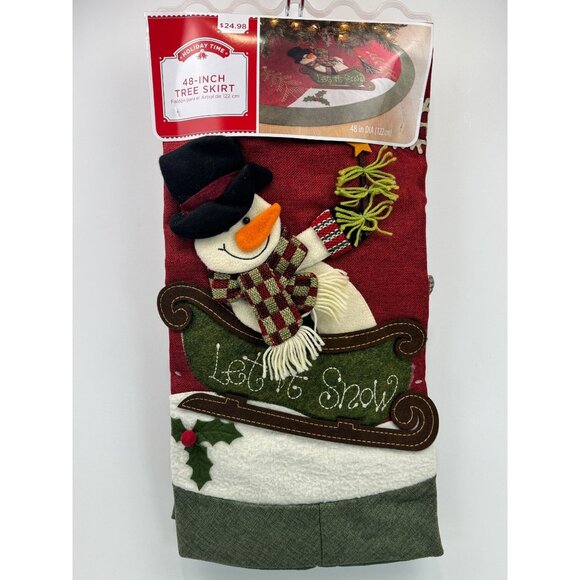 Holiday Time 48-Inch Tree Skirt Snowman Red Green Let It Snow Appliqué Christmas - Picture 1 of 10